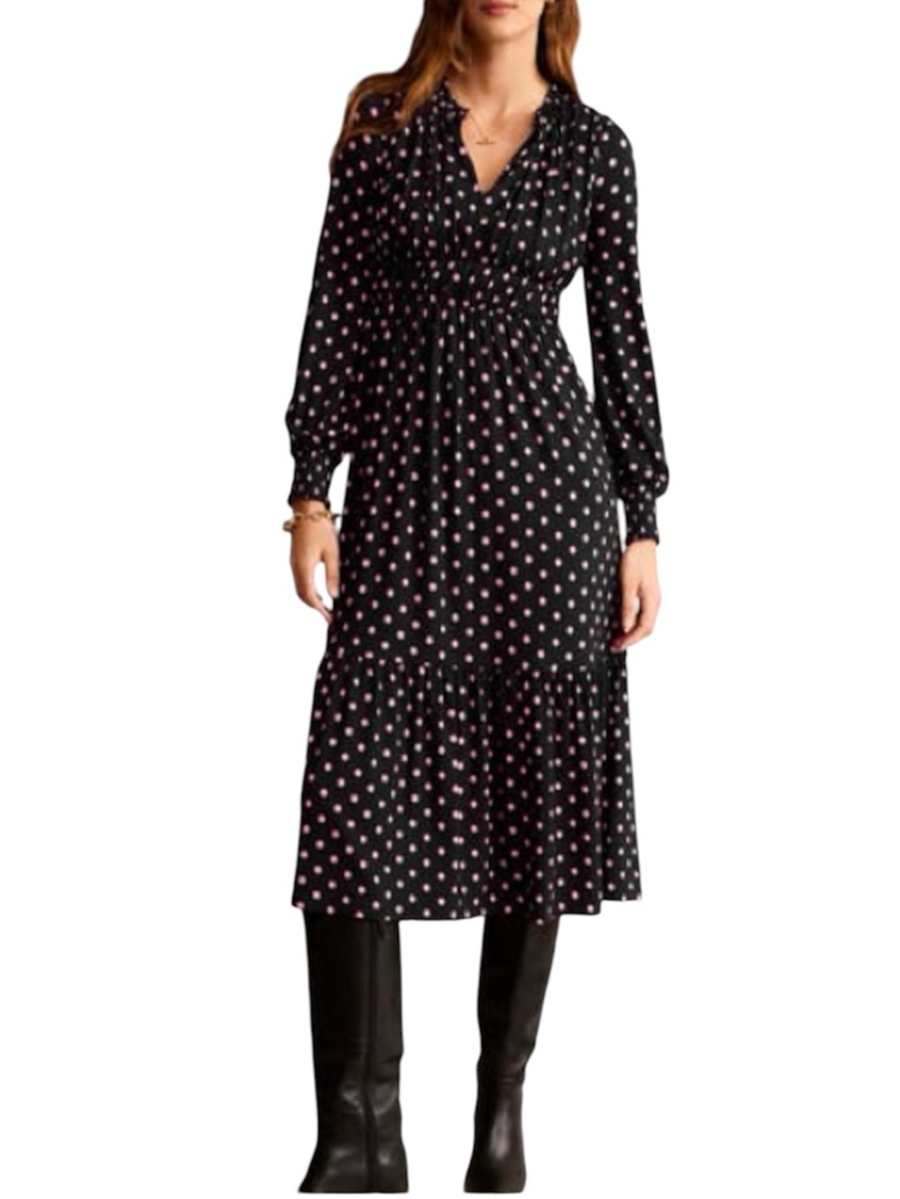 Boden Black Midi Dress with Pink Polka Dots